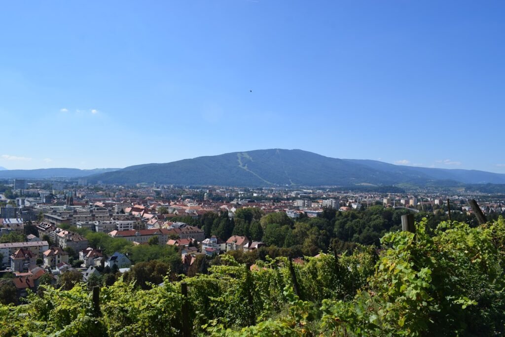 Piramida Hill cityscape view of Maribor and Pohorje Hills