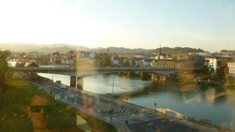 Views of the Drava River at Sunset from inside Spar's food court, Maribor